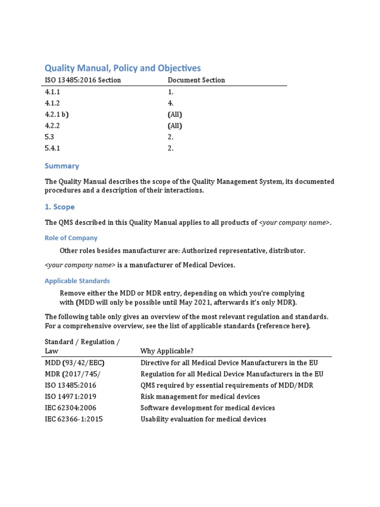 Quality Manual Policy Objectives PDF Medical Device Quality