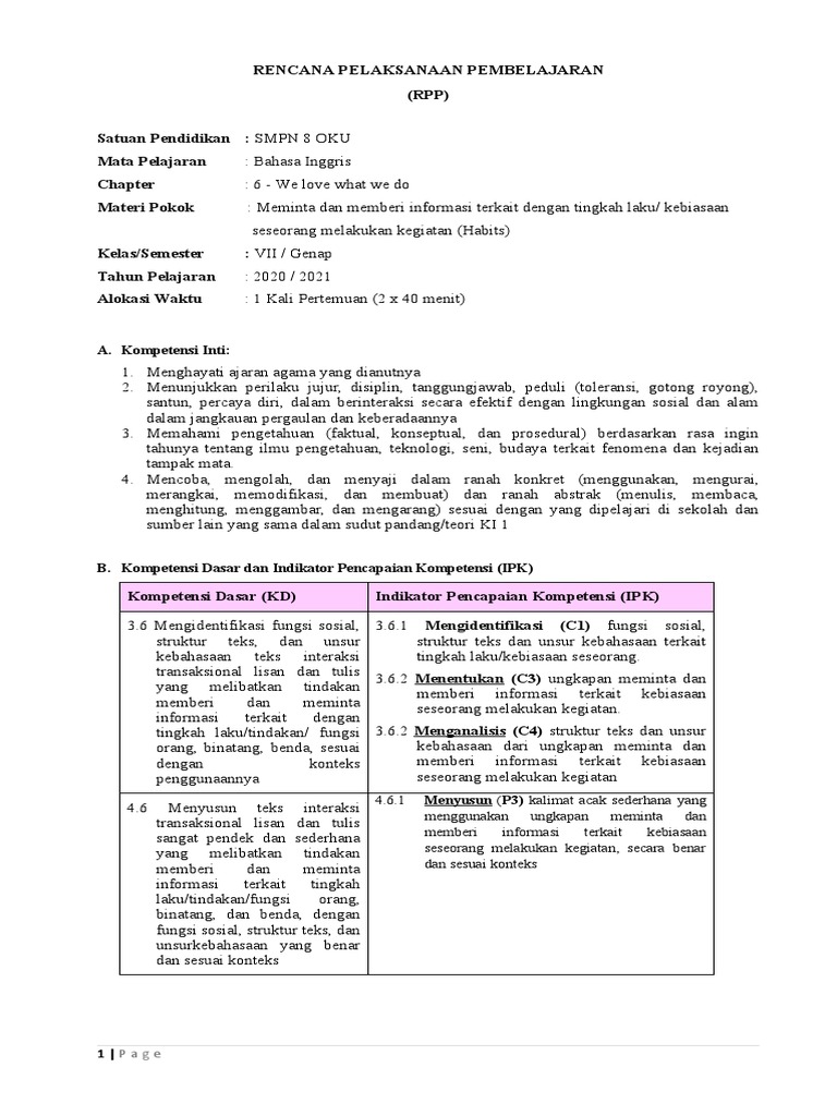 BING3 - RITA EVIYENI - RPP Habits (Daily Activities) | PDF