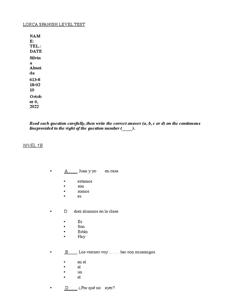 Spanish level test word pdf