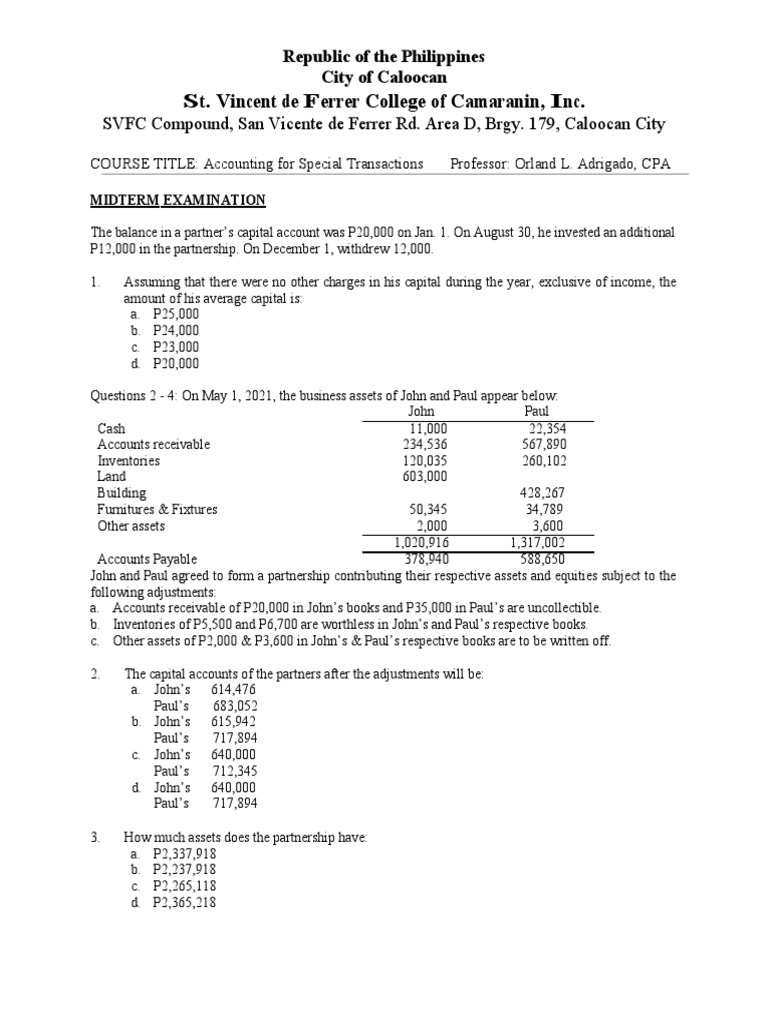 Midterm Exam: Accounting for Special Transactions | PDF | Partnership ...