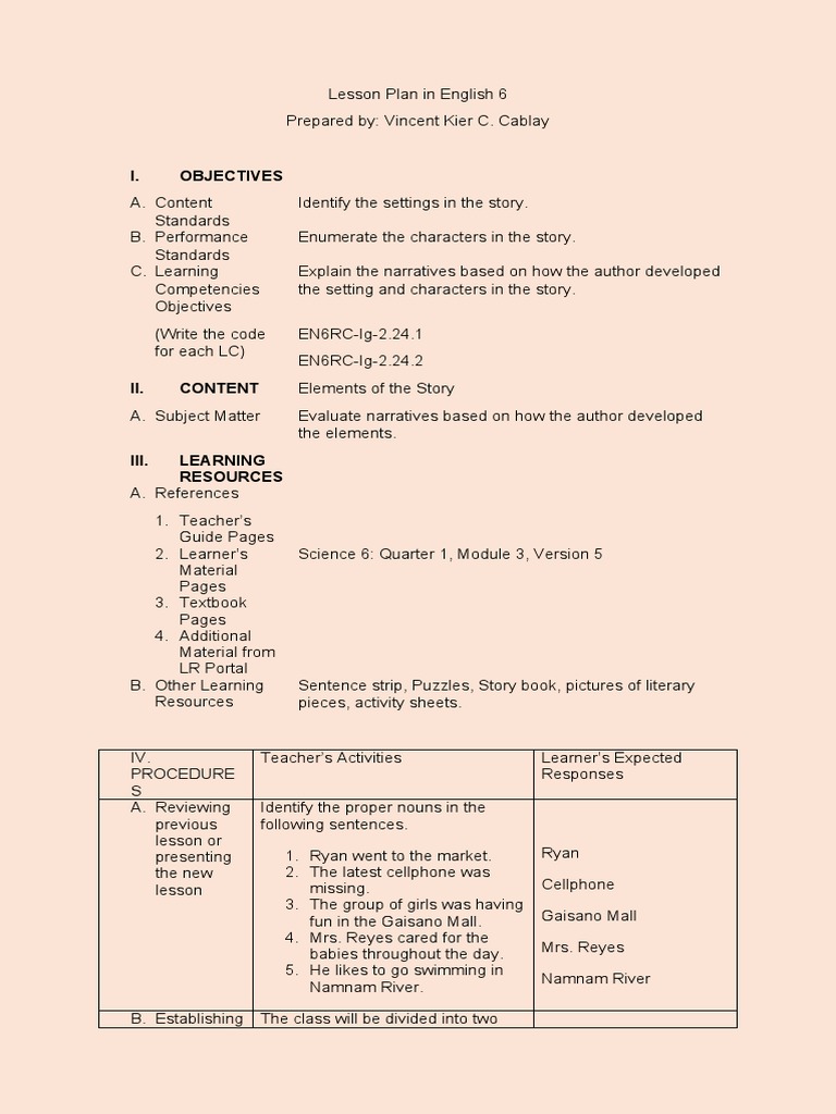 Grade 6 English Lesson Plan: Week 1 | PDF | Lesson Plan | Narrative