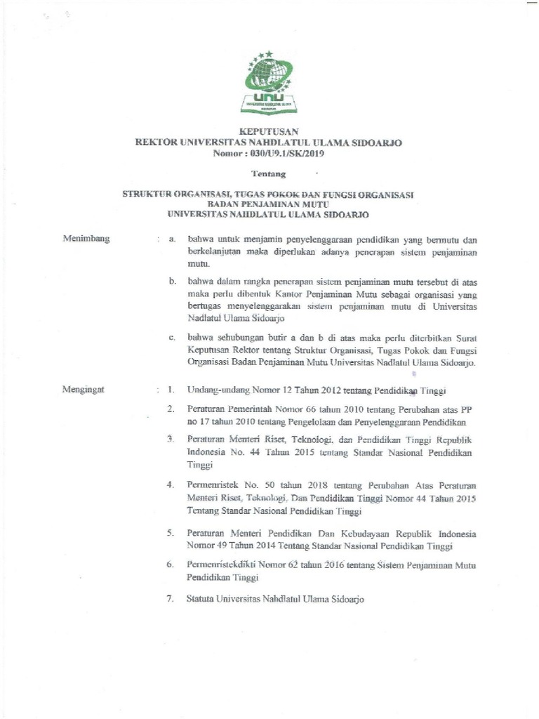 SK Rektor Tentang Struktur Organisasi Dan Tupoksi BPM | PDF