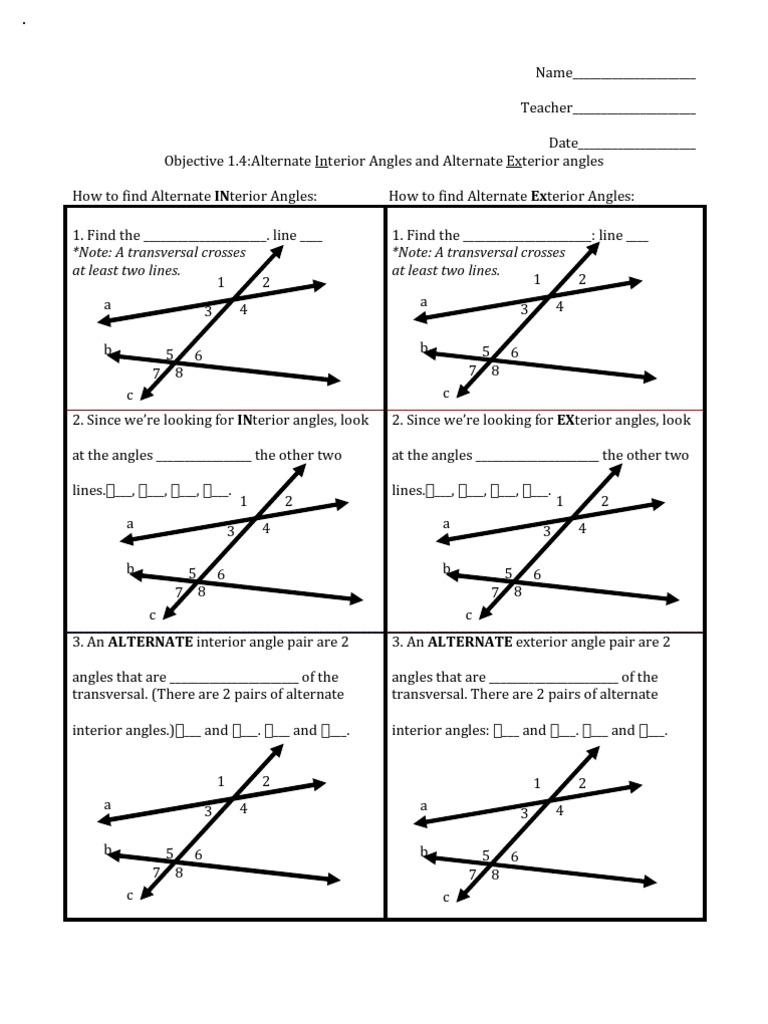 1 4 Identifying Alternate Interior And Exterior Angles Worksheet Angle Elementary Geometry