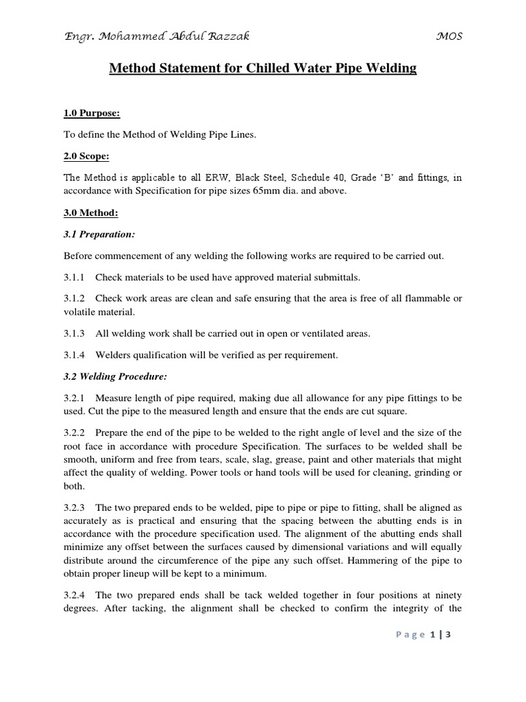 Mos Chilled Water Pipe Welding PDF Welding Construction
