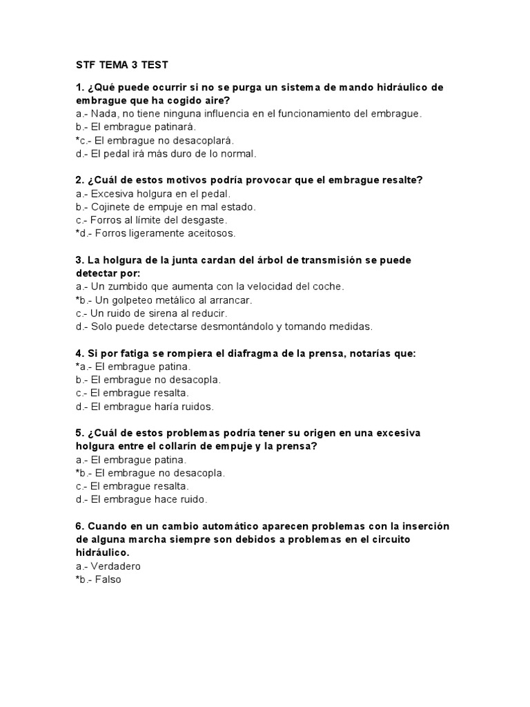 STF Tema 3 Test | PDF | Embrague | Rodamiento (Mecánico)