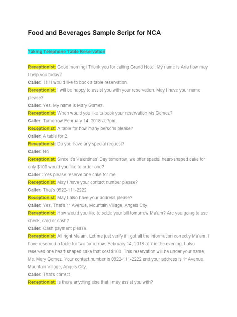 Food and Beverages Sample Script For NCA PDF Waiting Staff Menu