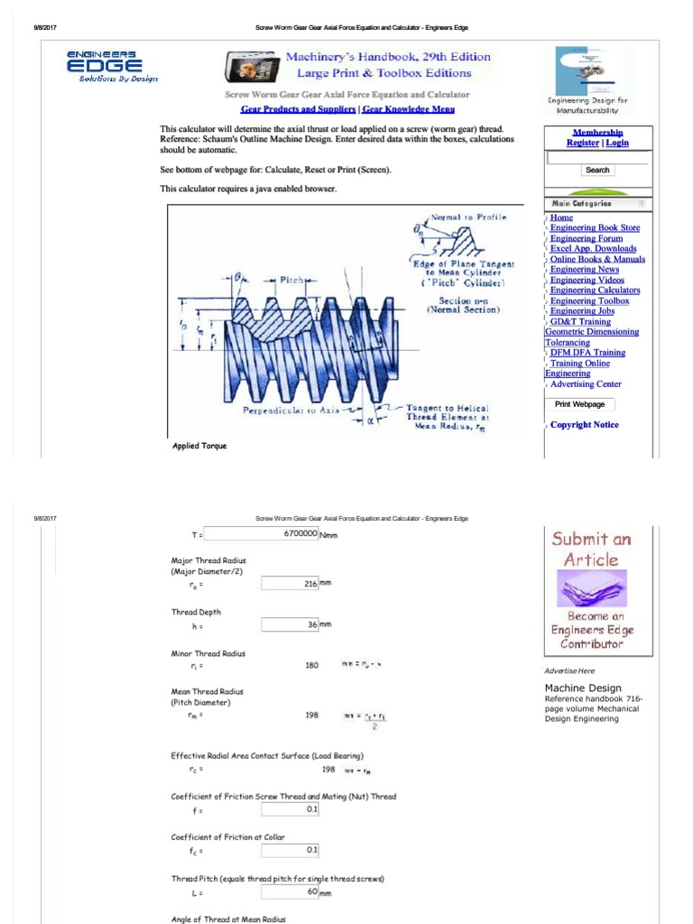Qdoc Tips Screw Worm Gear Gear Axial Force Equation and Calc PDF