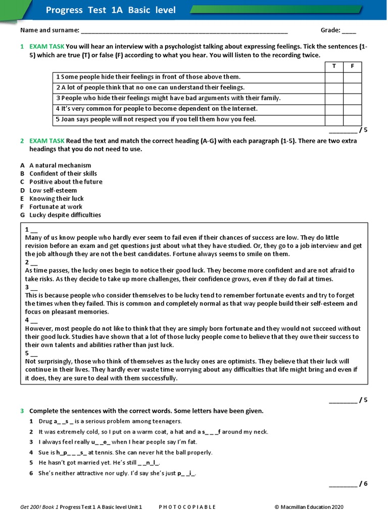 Unit Test 1A Basic Level | PDF | Luck