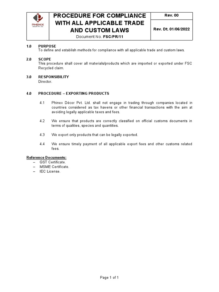 FSCPR11 Procedure For Compliance With All Applicable Trade and Custom