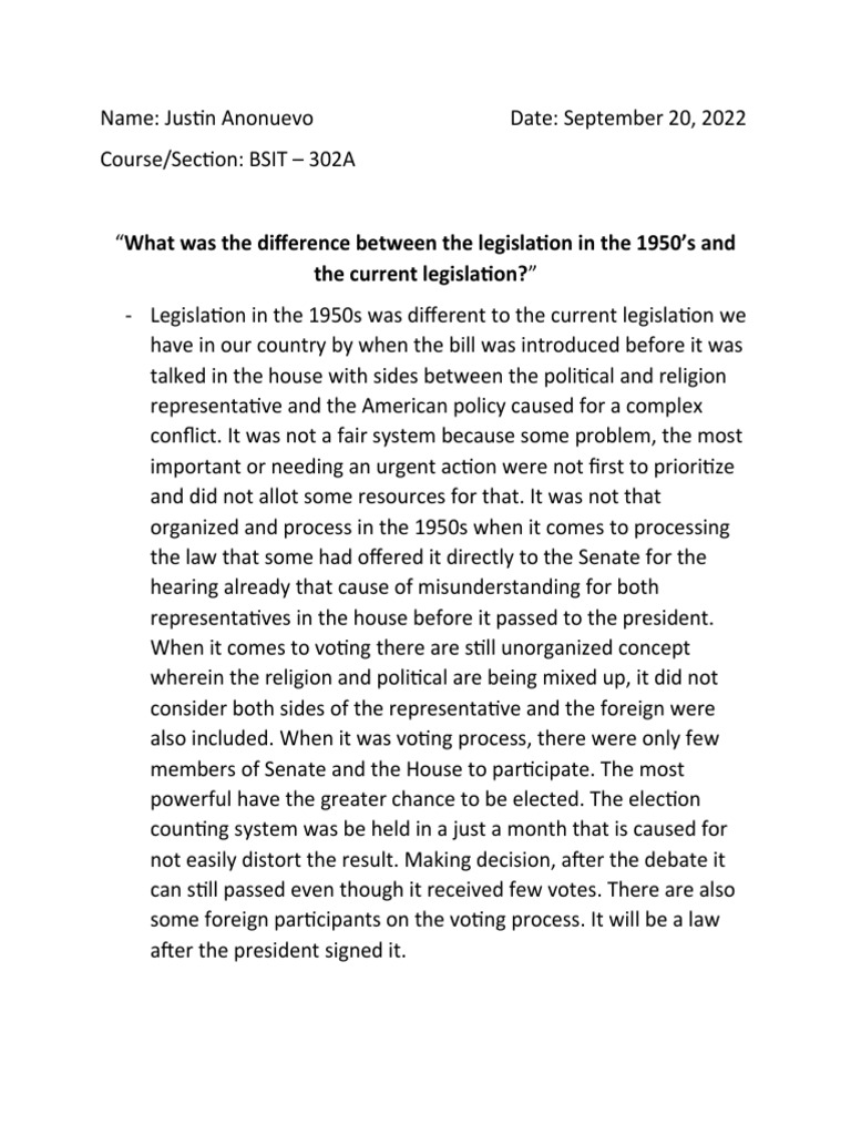 Comparing the Legislative Process in the 1950s to Current Legislation
