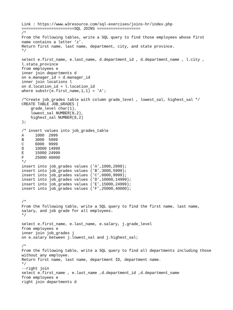 Oracle hr schema practise queries pdf table database