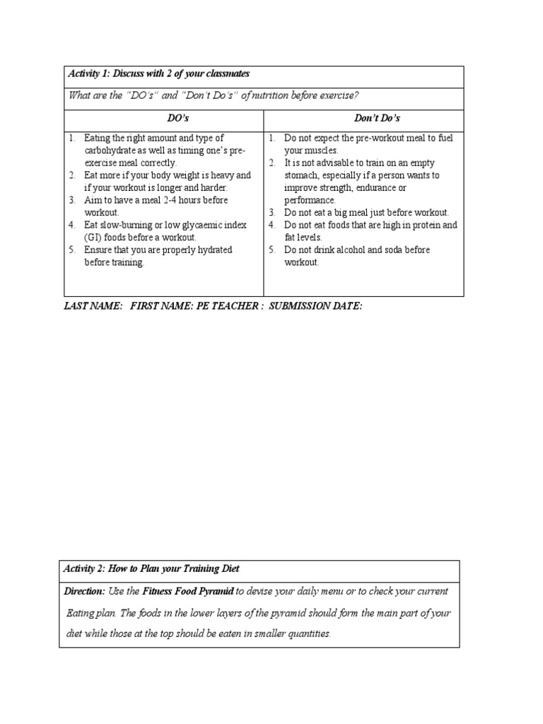 Nutrition Do's and Don'ts for Exercise | PDF