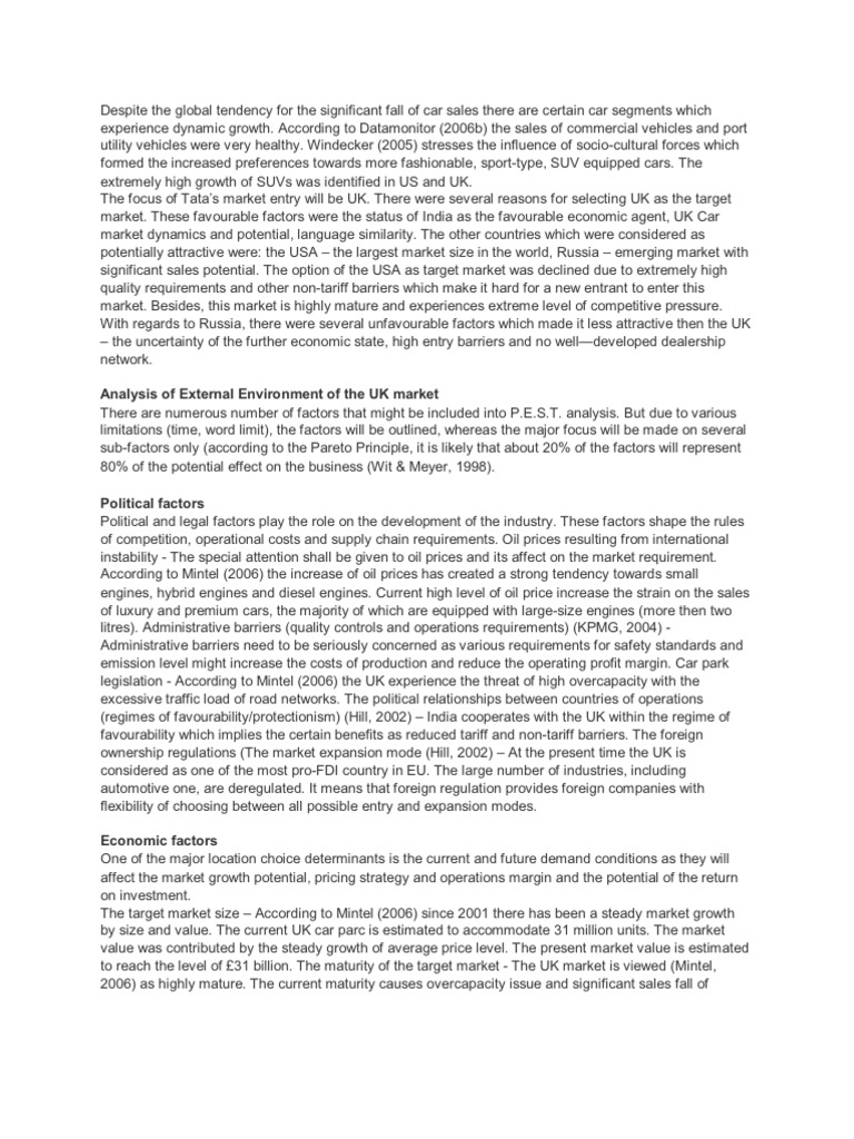 Tata Motors Market Entry PDF Market (Economics) Car