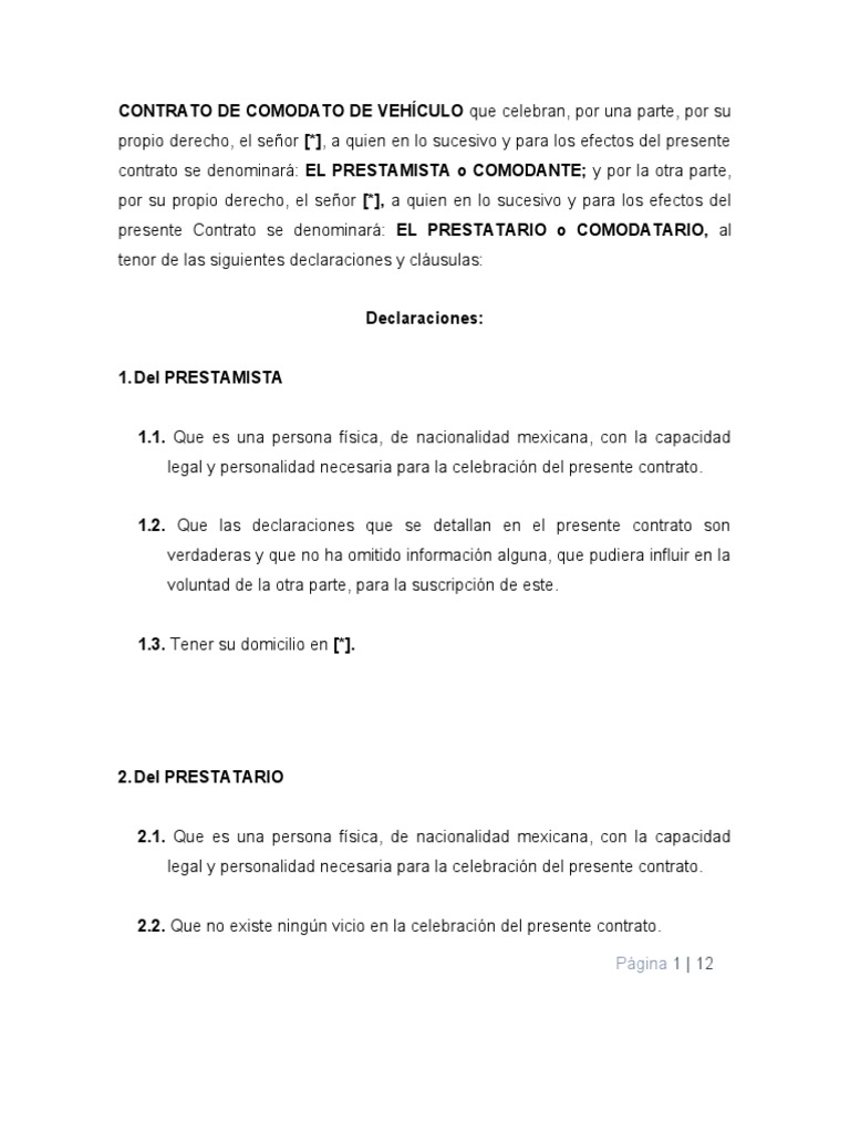 Machote de Contrato de Comodato de Vehículo | Descargar gratis PDF ...