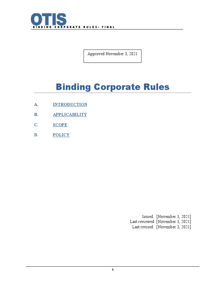 Otis Binding Corporate Rules Final Nov 3 2021 Dha No Entity List PDF