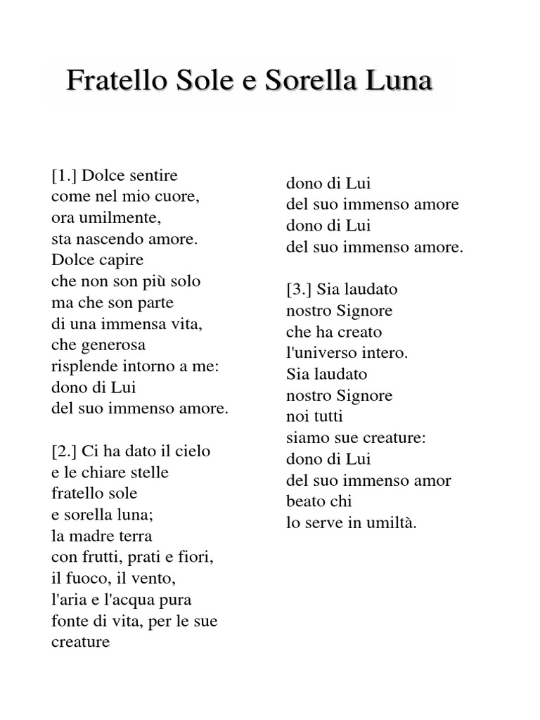 Fratello Sole E Sorella Luna Testo Testo Fratello Sole e Sorella Luna | PDF