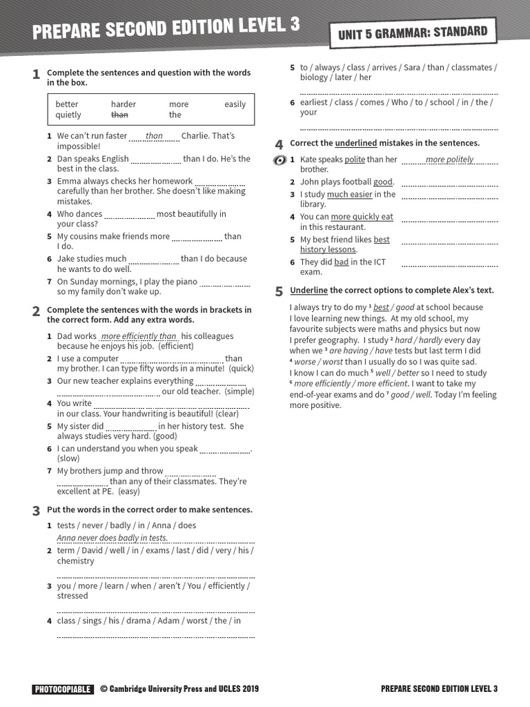 Prepare 3 Grammar Standard Unit 05 Pdf Test Assessment