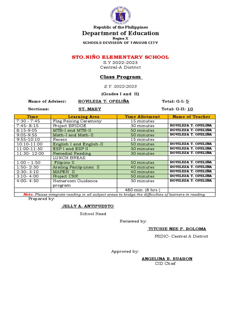 Class Program for Grades I-VI 2022-2023 | PDF | Educational ...