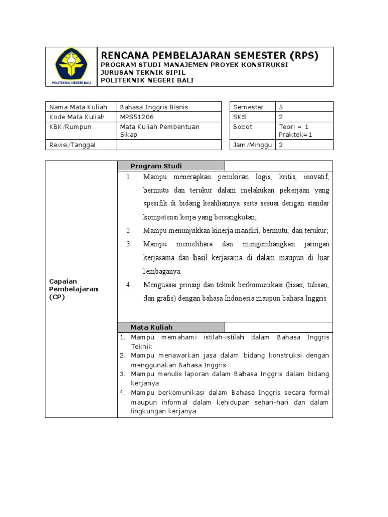 RPS Bahasa Inggris Bisnis Politeknik Bali | PDF