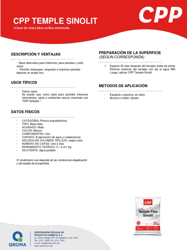 Ficha Tecnica Temple Fino Sinolit Descargar gratis PDF Pintar Agua