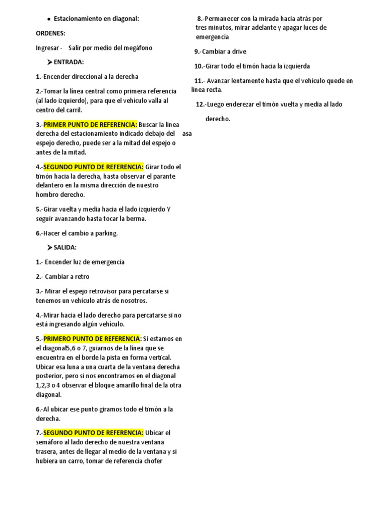 Técnicas de Estacionamiento Diagonal y Paralelo | PDF