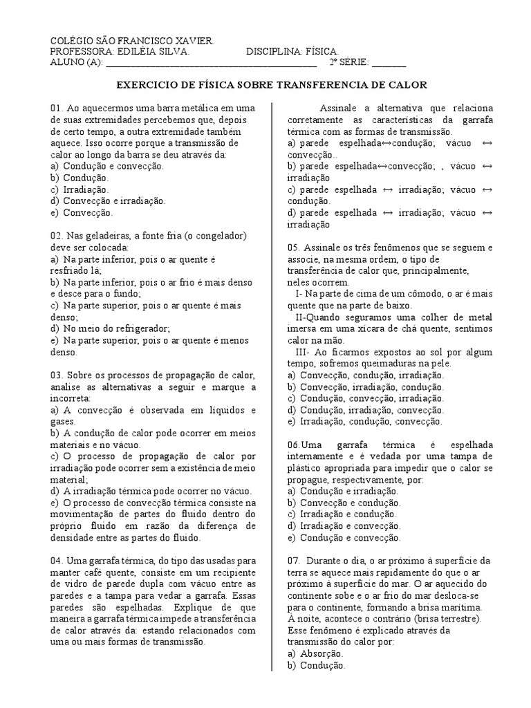 Transferência de calor: exercícios sobre os processos de condução ...