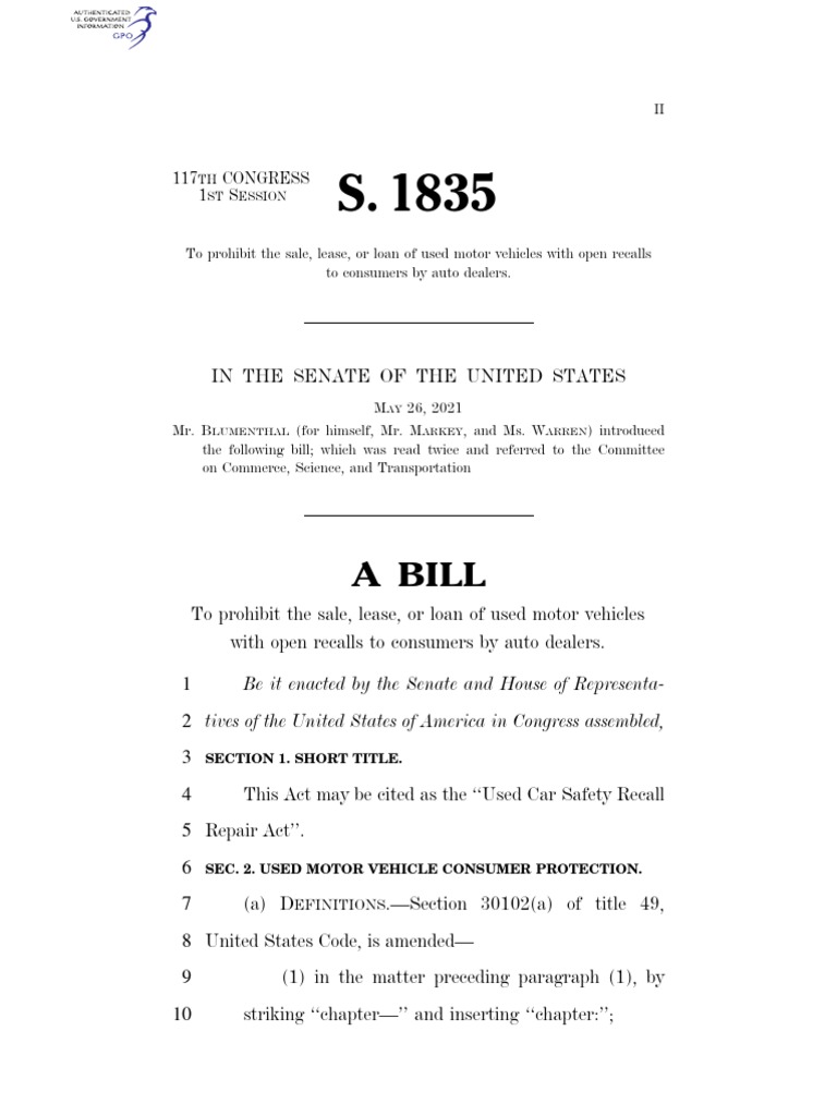 Used Car Safety Recall Repair Act PDF