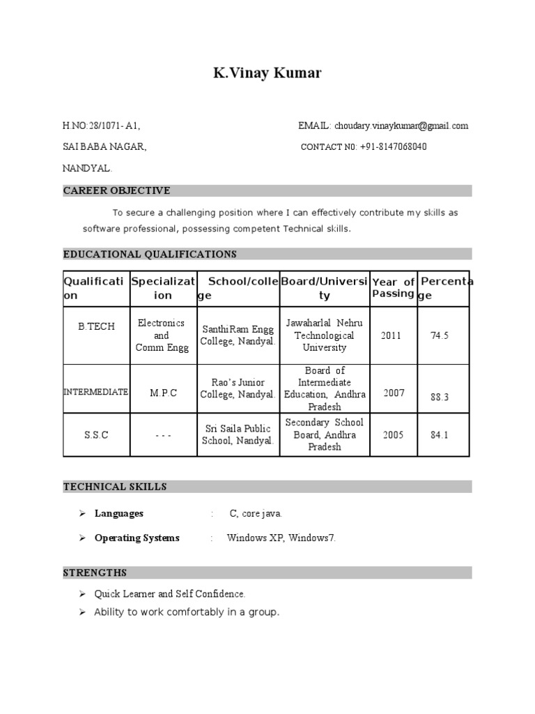 K. Vinay Kumar's Resume and Skills | PDF