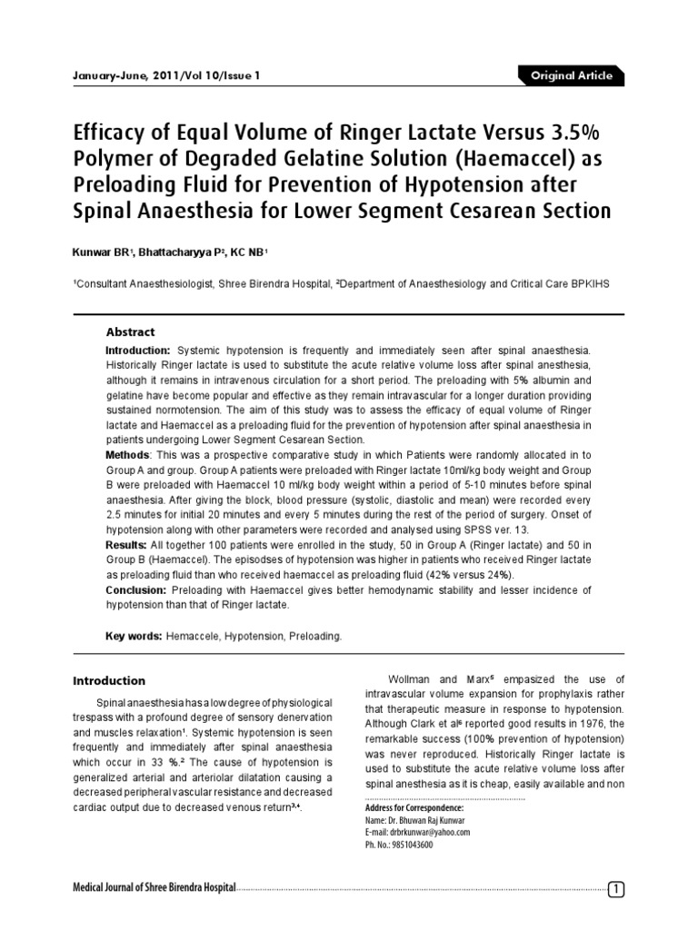 Gelafusin and Lactate Ringer PDF Blood Pressure Anesthesia