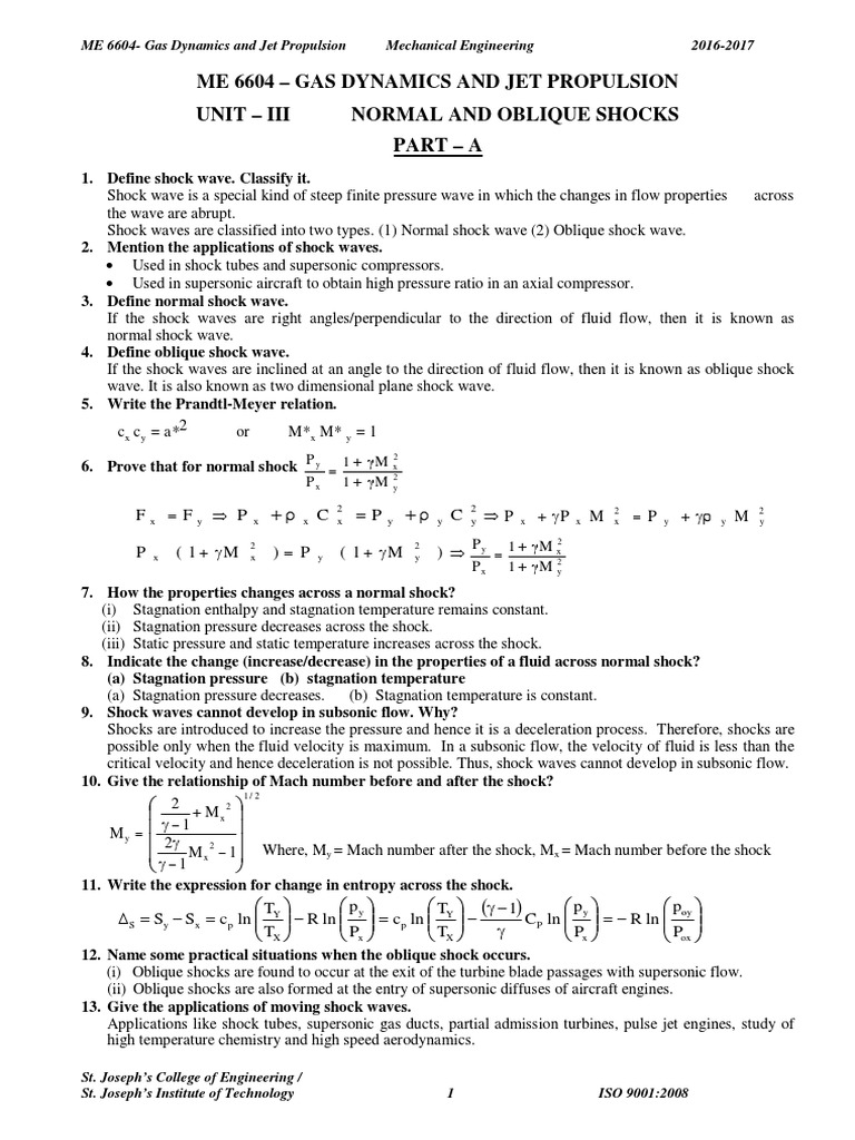 Me 6604 Gas Dynamics and Jet Propulsion Unit Iii Normal and Oblique