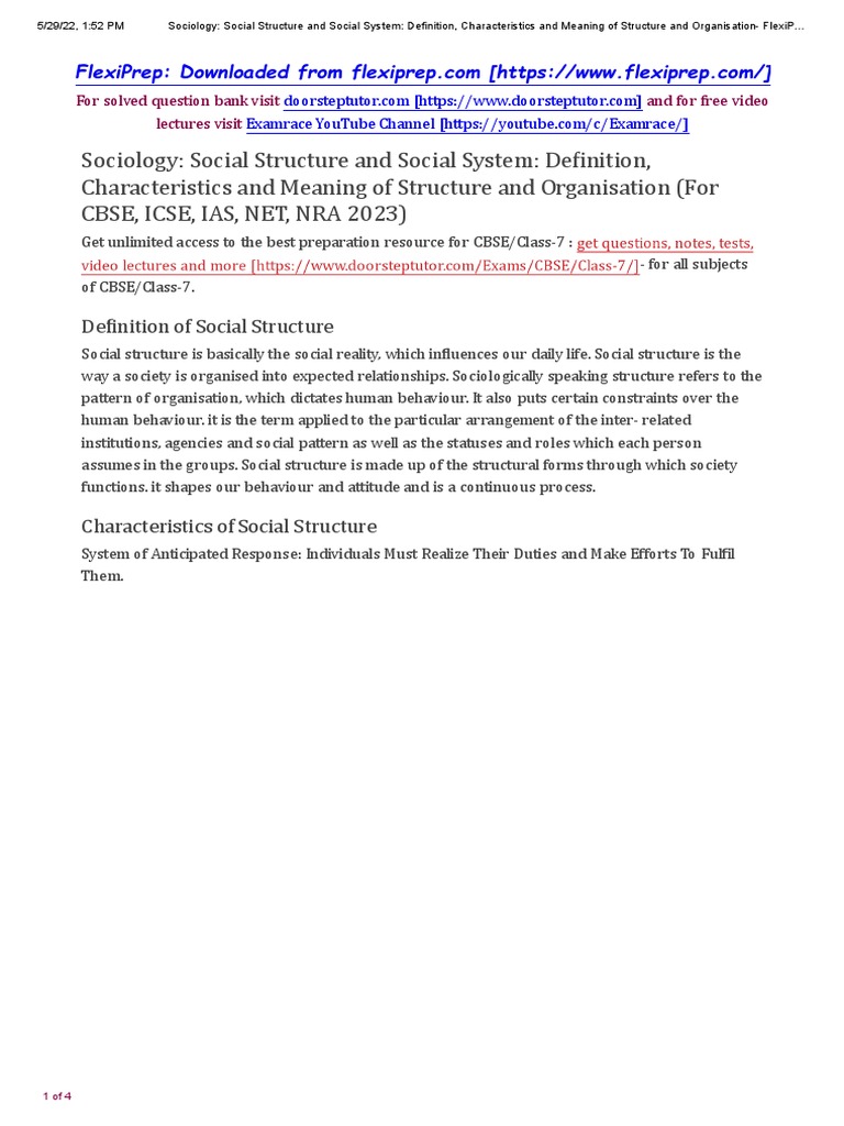 NIOS Class 12 Sociology Unit 7 Social Structure and Social System PDF