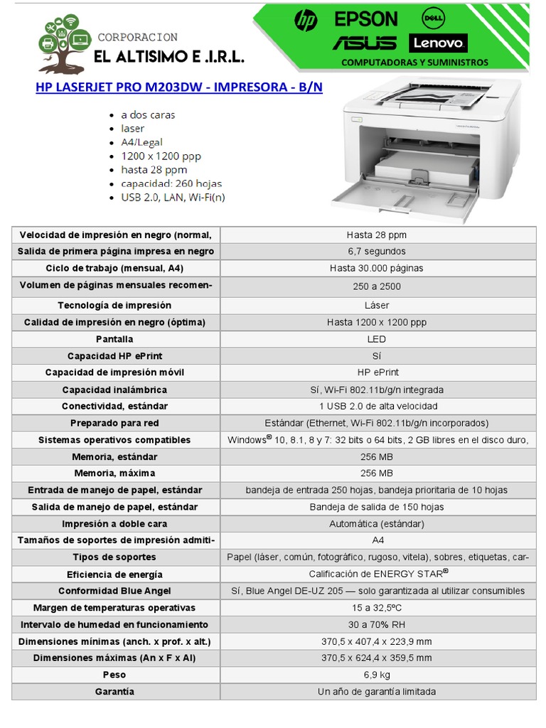 LaserJet Pro M203dw PDF Impresora Ingeniería