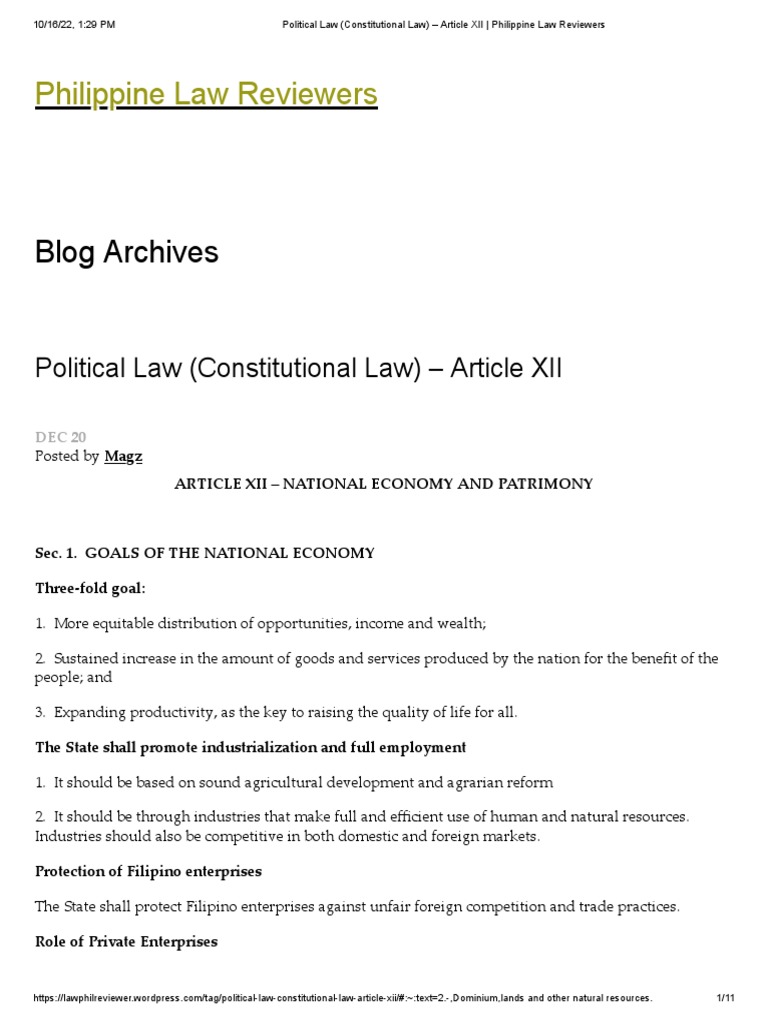 Political Law (Constitutional Law) - Article XII - Philippine Law ...