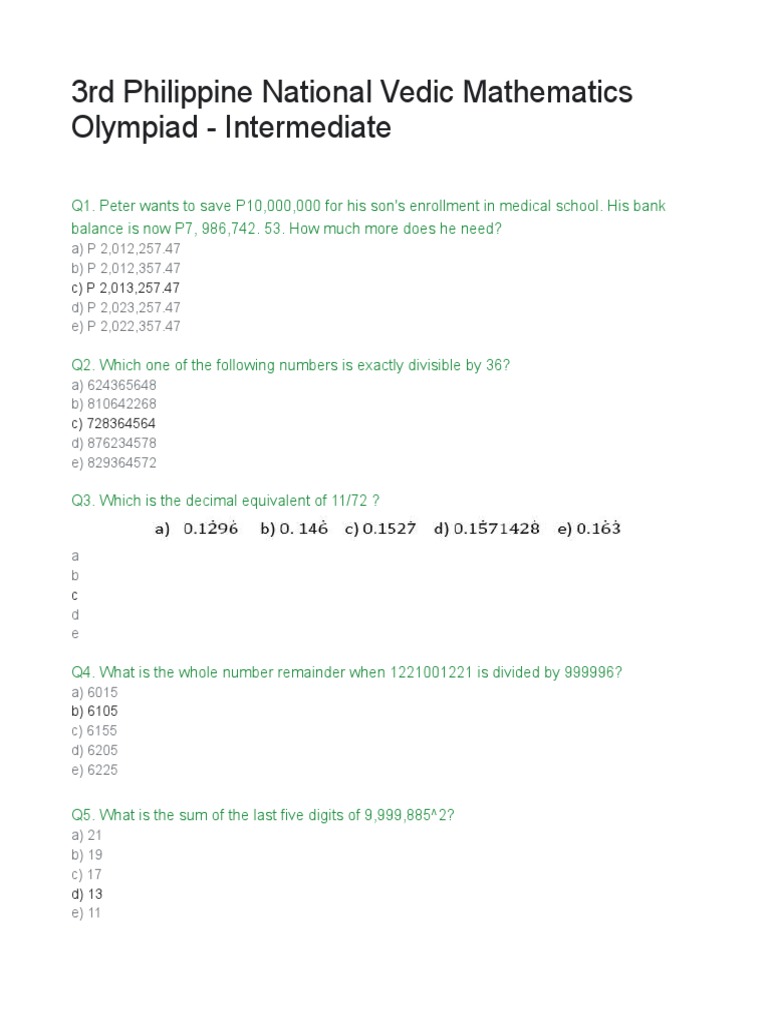 Philippine Vedic Math Olympiad 2023 | PDF | Decimal | Mathematics