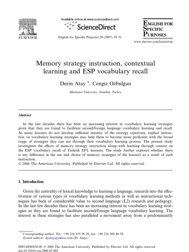 Memory Strategies in ESP Vocabulary Learning | PDF | Vocabulary ...