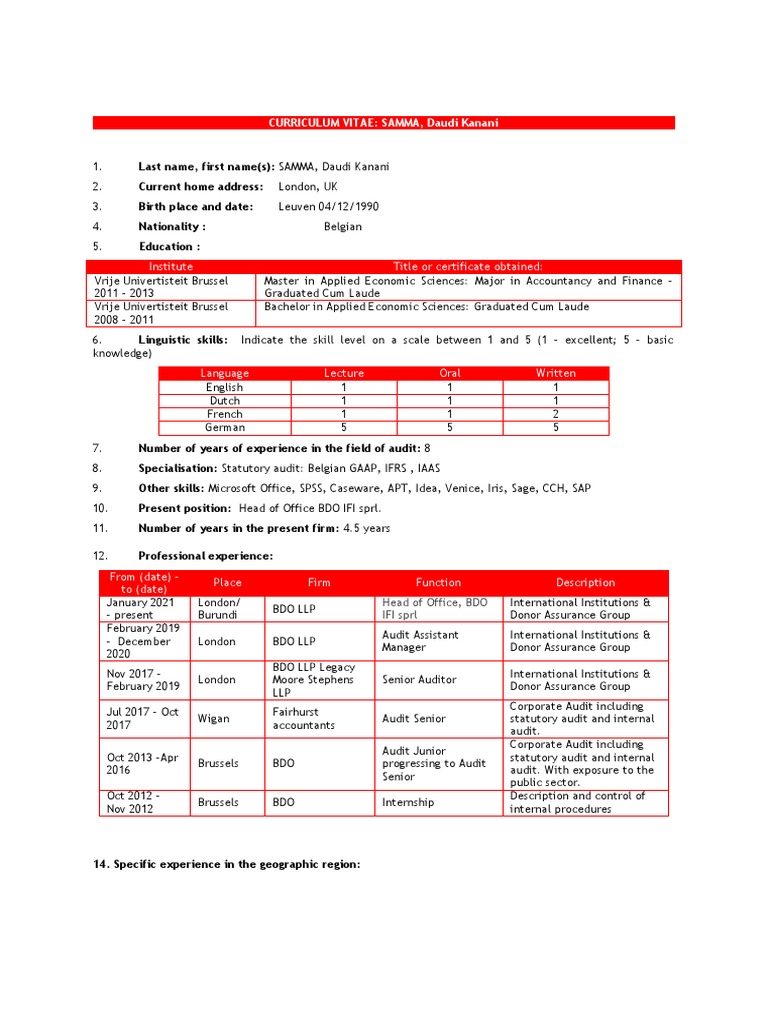 CV Ben Hendrickx Europeaid ENG PDF Audit Belgium