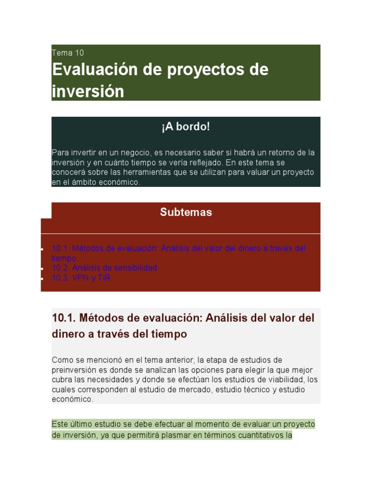 Tema 10 Evaluacion de Proyectos de Inversion | PDF | Tasa interna de ...