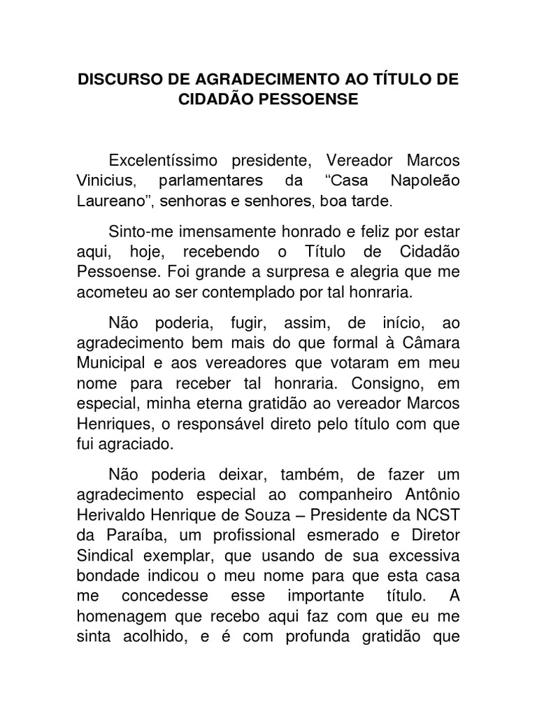 Discurso de Agradecimento Calixto | Download grátis PDF | Sindicato ...
