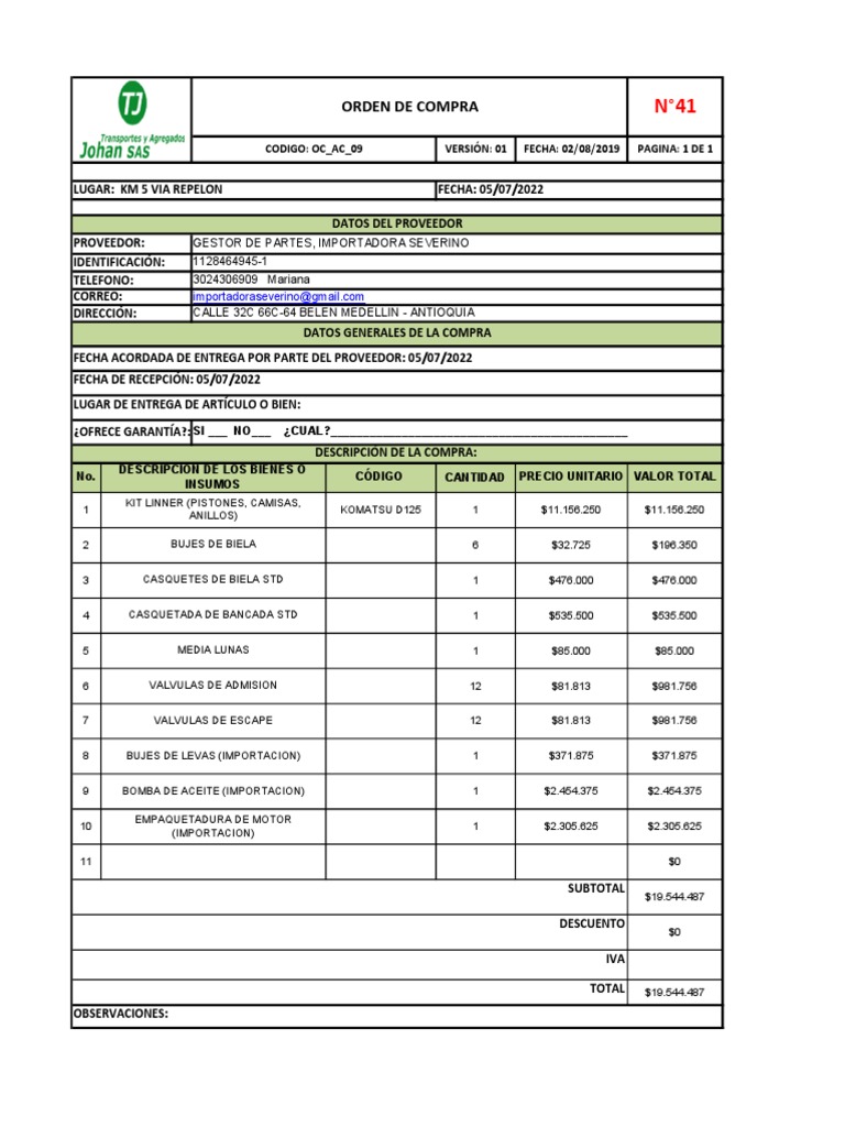 Orden de Compra No 41 | PDF | Máquinas rotativas | Ingeniería mecánica