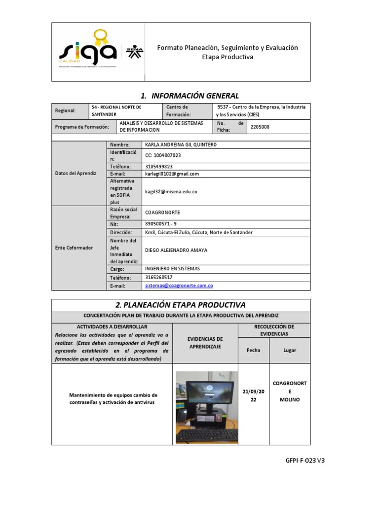 GFPI-F-023 - For. Plan. Seguimiento y Evaluación E.P. Parcial | PDF