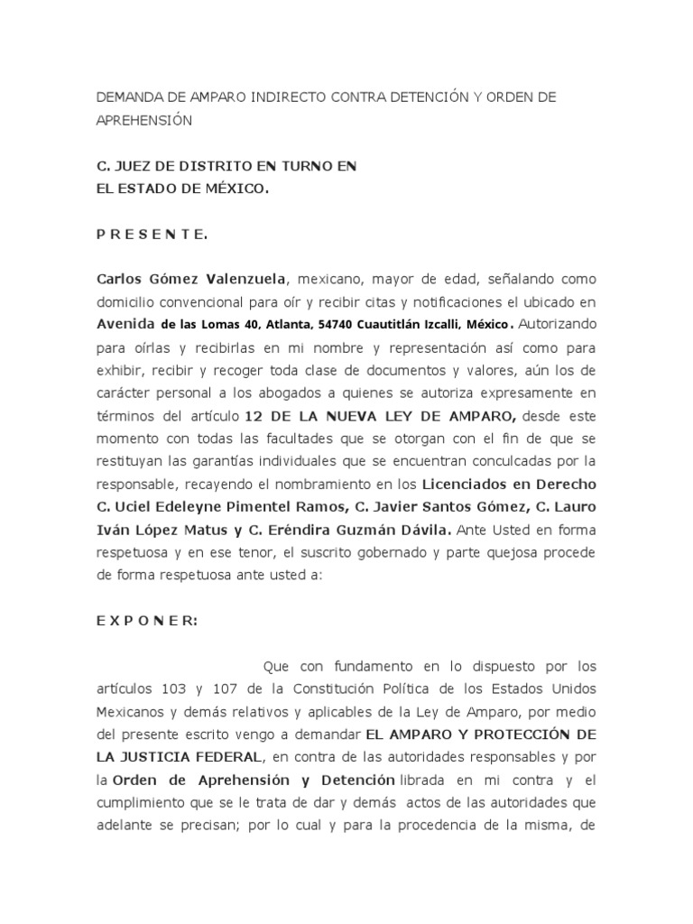 Demanda de Amparo Indirecto Contra Detención y Orden de Aprehensión ...