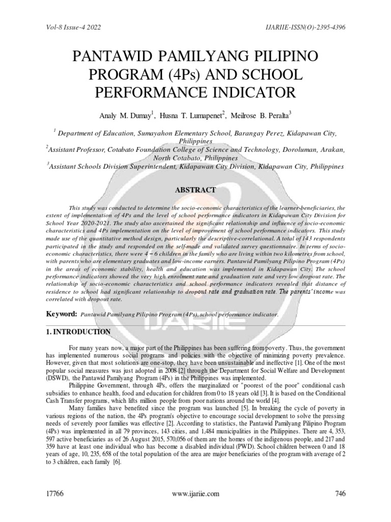 Pantawid Pamilyang Pilipino Program 4Ps and School Performance ...