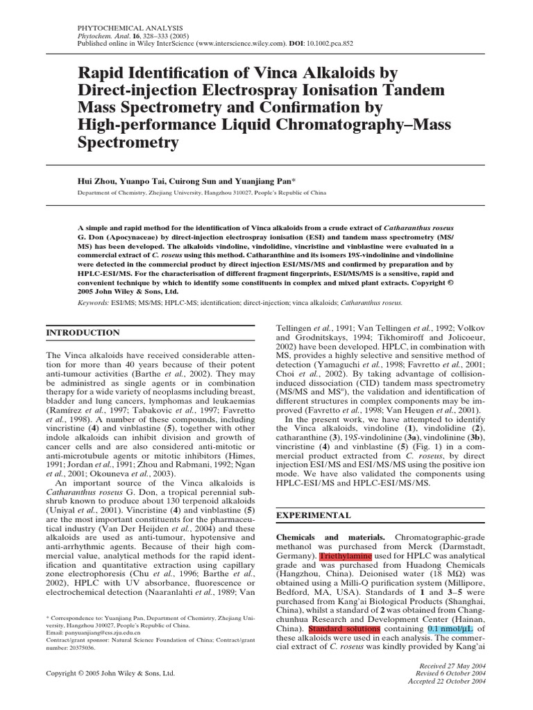 Identification of Vinca Alkaloids by DirectInjection Electrospray