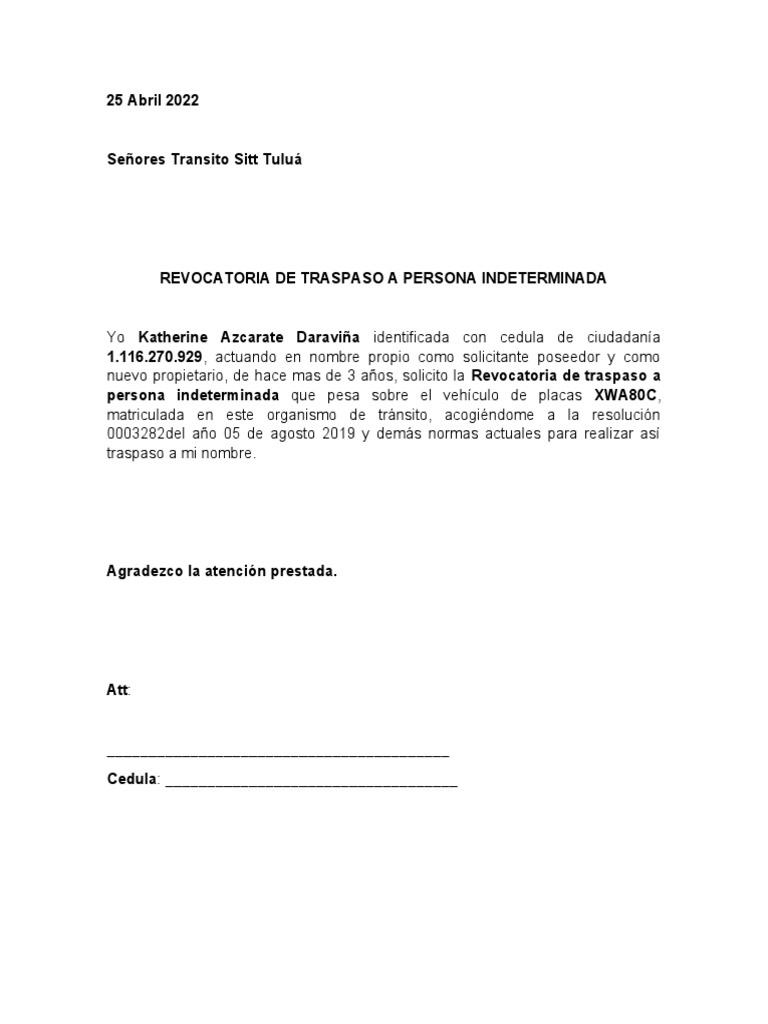 Revocatoria de Traspaso A Persona Indeterminada PDF