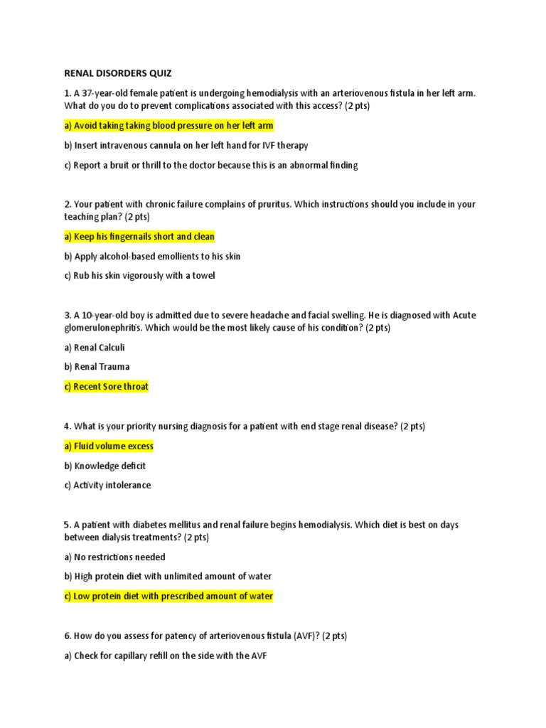 Renal Disorders Nursing Practice Quiz | PDF | Urinary Tract Infection ...