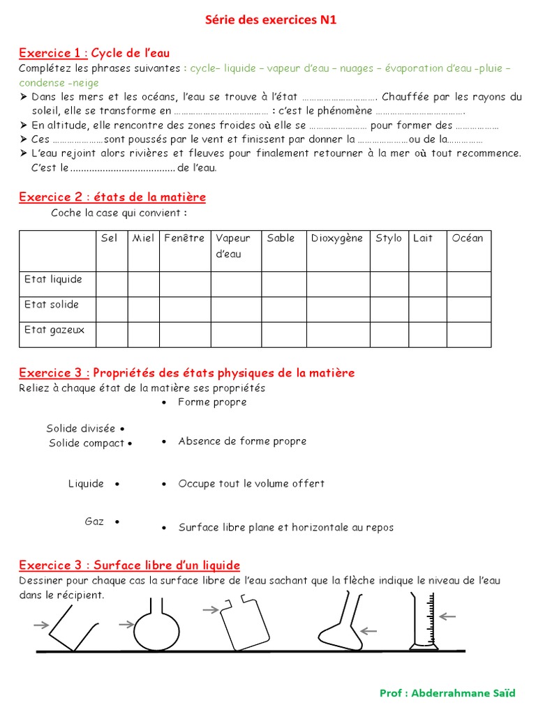 Exercices de Physique et Chimie 1AC | PDF | Gaz | Eau