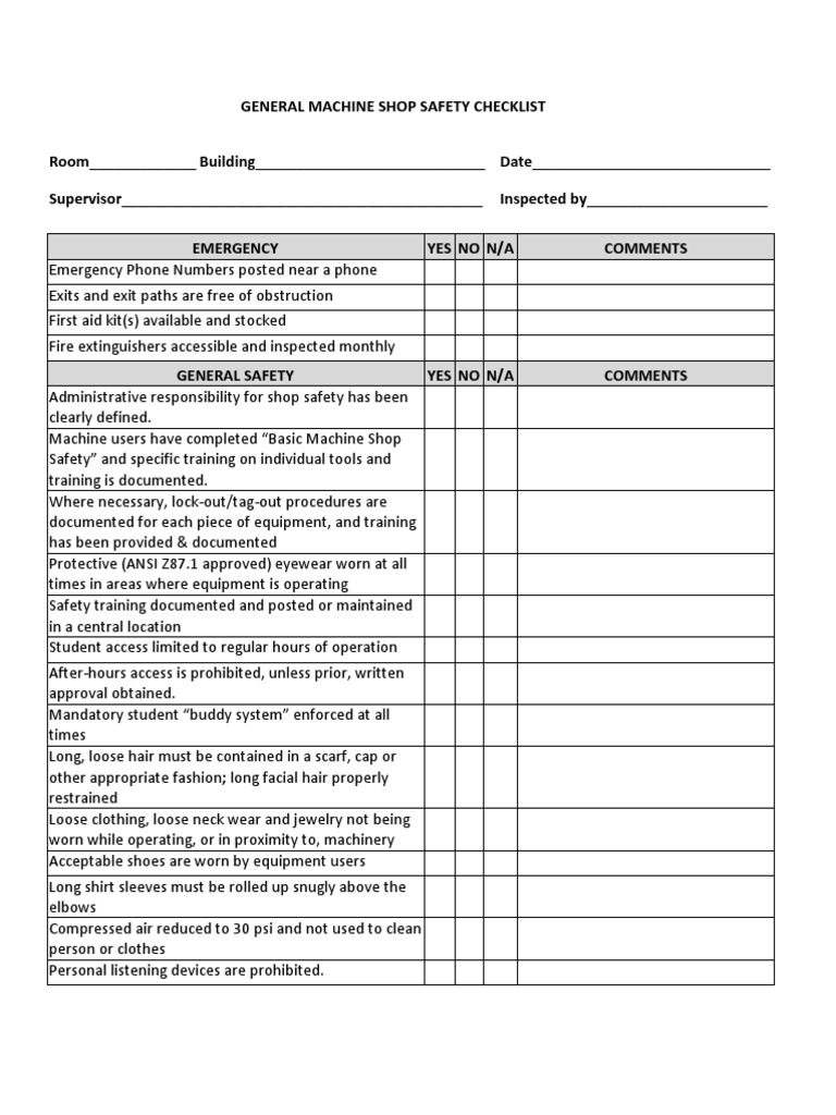 General Machine Shop Checklist PDF