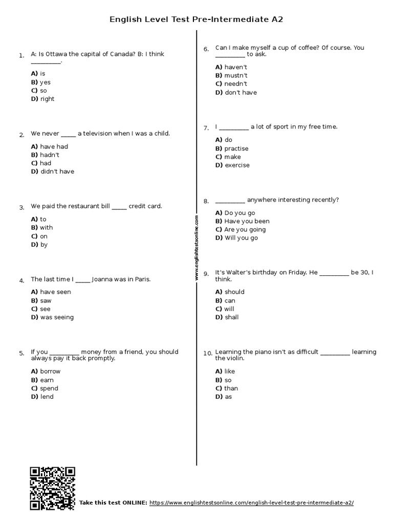 Pre-Intermediate English Level Test | PDF