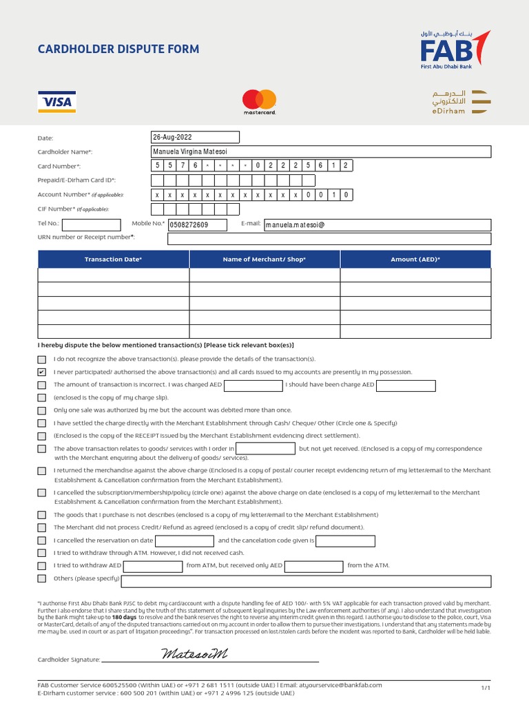 Cardholder Dispute Form ENG PDF Credit Card Business