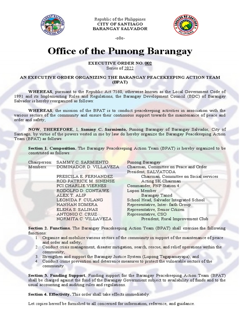 Executive Order No. 002 S. 2022 ORGANIZING THE BPAT PDF